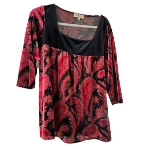 Vintage Notations‎ Red Black Paisley Square Neck Velvet Top Size 1X Whimsigoth